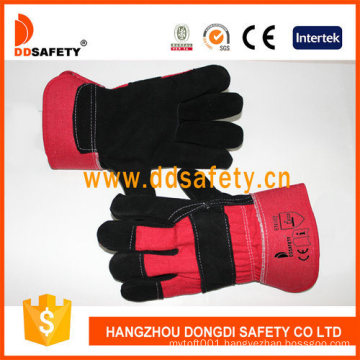 Black Cow Split Leather Full Palm Red Cotton Back Gloves